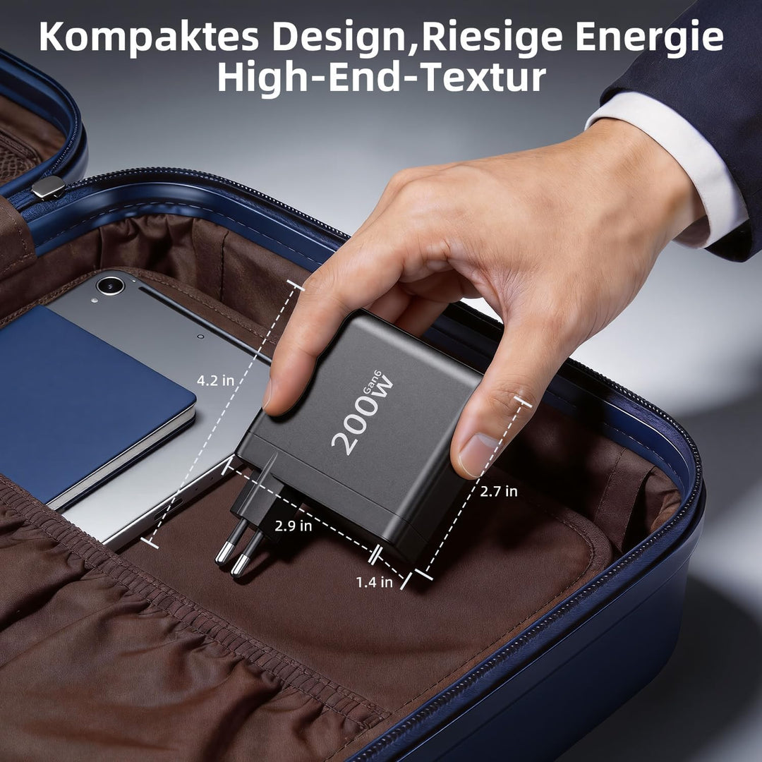 200W USB C Ladegerät, 6 Port Schnellladegerät mit 3 USBC und 3 USBA, GaN Mehrfach Netzteil, PD Charg