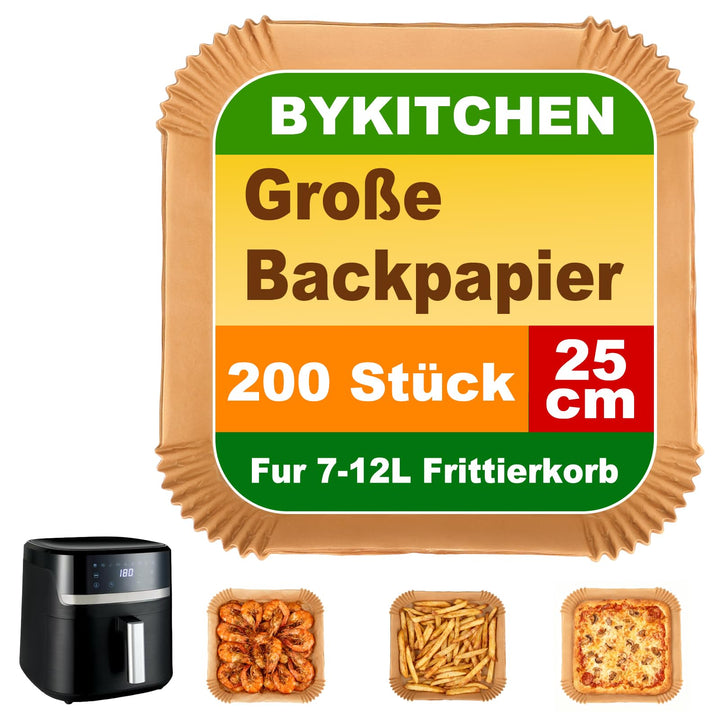 BYKITCHEN 200 Stück Backpapier Airfryer für 8L-12L Heissluftfritteuse, 25cm, Antihaft Eckig Hitzebes