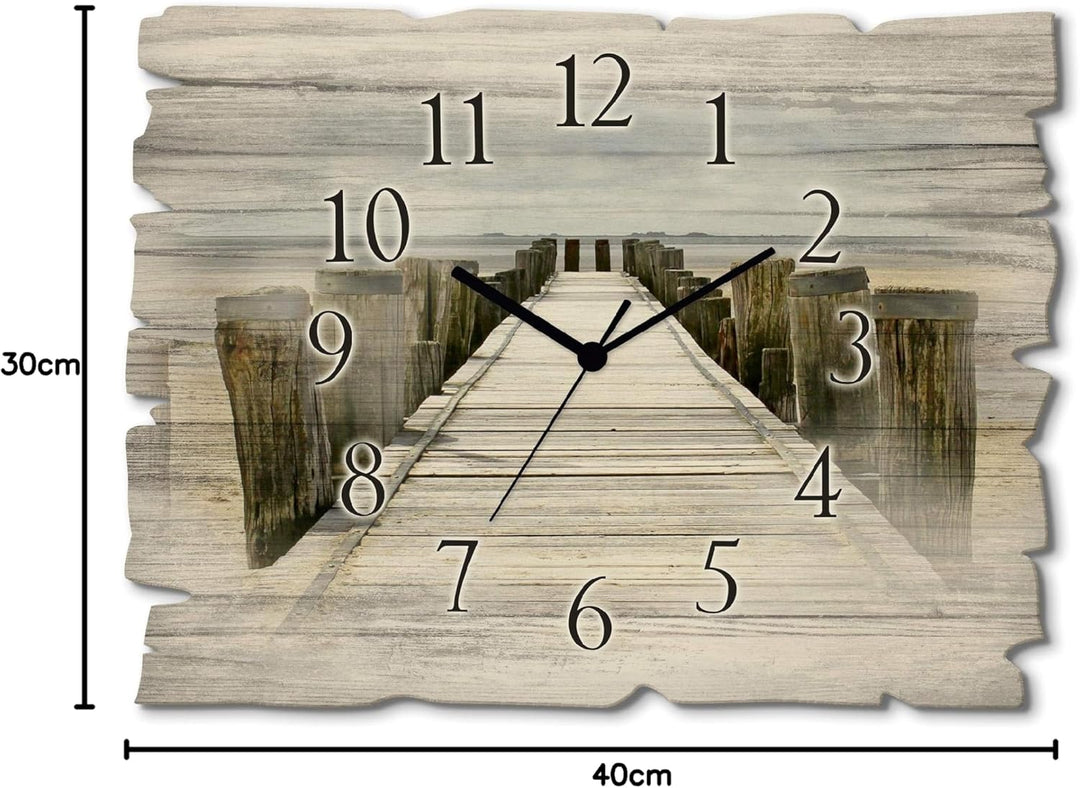 ARTLAND Wanduhr ohne Tickgeräusche aus Holz Quarzuhr 40x30 cm Rechteckig Lautlos Strand Meer Steg Wa