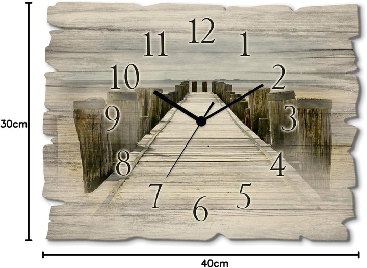ARTLAND Wanduhr ohne Tickgeräusche aus Holz Quarzuhr 40x30 cm Rechteckig Lautlos Strand Meer Steg Wa