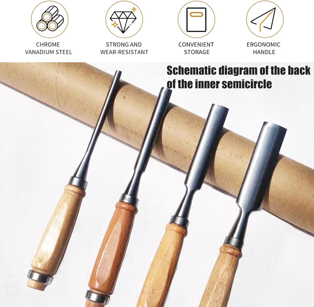 4 Stück Holz Meissel Set,Stechbeitel Rund Gebogen Hohlbeitel Set,CR-V Stahl halbkreisförmige Kante 8