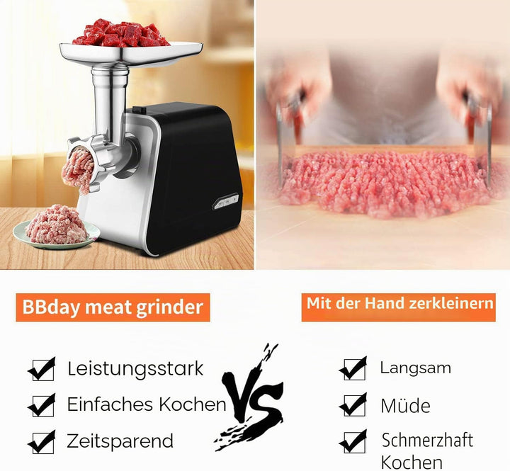 COOCHEER Elektrischer Fleischwolf &amp; Wurstmaschine 3-IN-1 Multi Fleischwolf mit 3 Edelstahl-Schleifpl