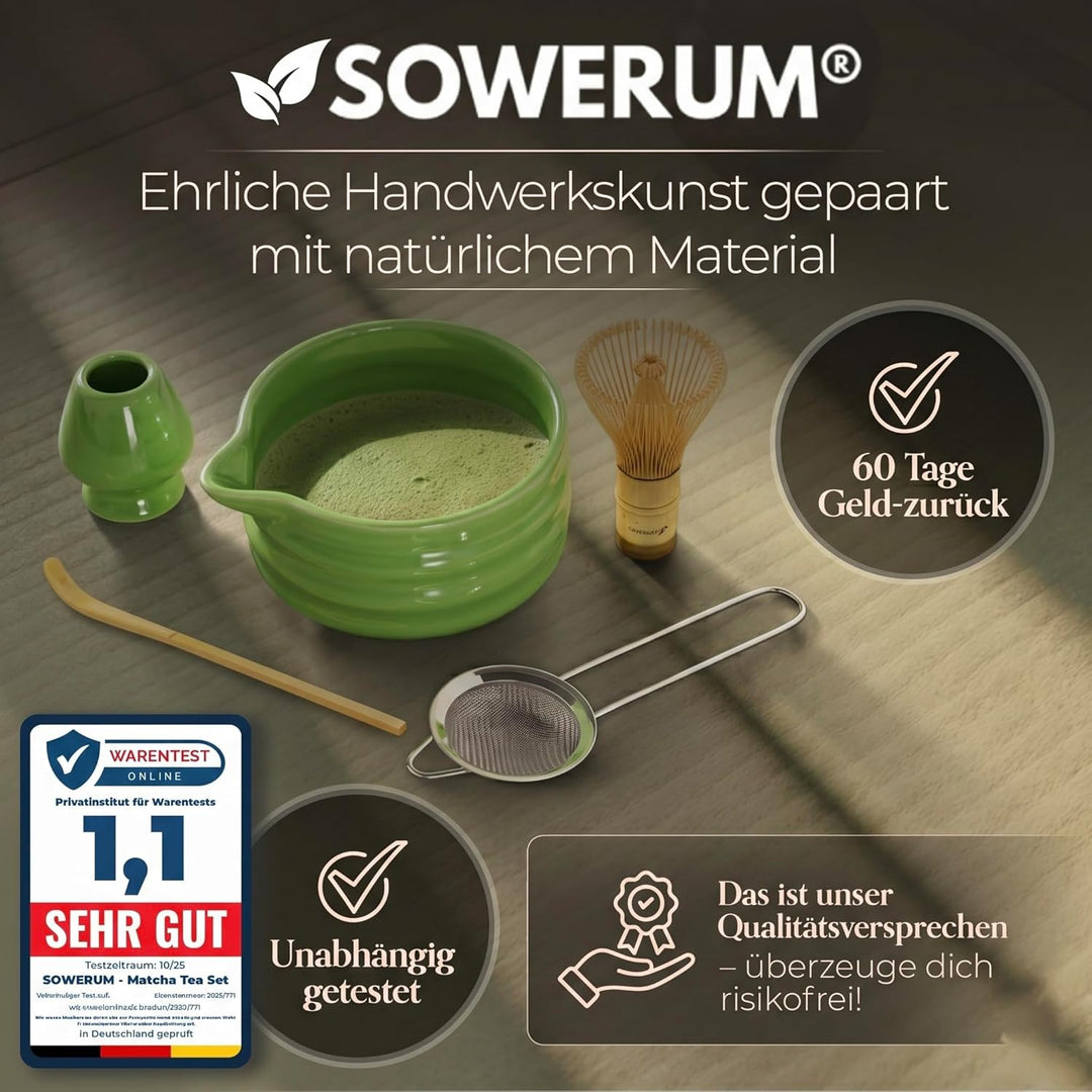 Matcha Set 5-teilig – Matcha Zeremonie Set mit Schale, Bambusbesen, Halter, Sieb & Löffel – Japanisc