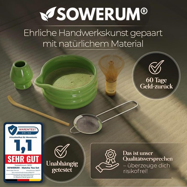 Matcha Set 5-teilig – Matcha Zeremonie Set mit Schale, Bambusbesen, Halter, Sieb & Löffel – Japanisc