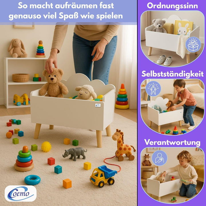 Spielzeugkiste Weiss Kinderzimmer LILO 28x58x44 cm – Aufbewahrungskiste mit Wolkenoptik, robuste MDF