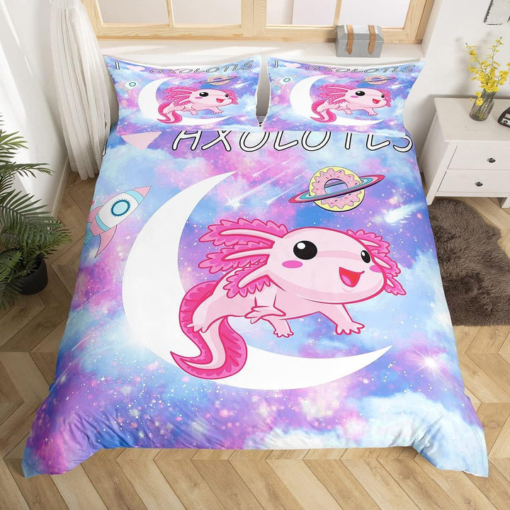 Loussiesd Kawaii Axolotl Betten Set Karikatur Axolotl Rosa Lila Galaxis Bettwäsche Set 135x200cm 3D