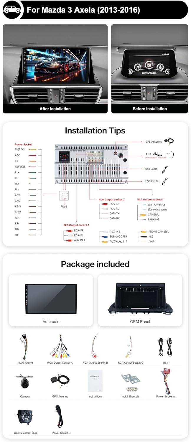 Android 15 Autoradio für 5E30 Mazda 3 Axela 2014-2019 GPS Navigation - CarPlay Android Auto - Rückfa