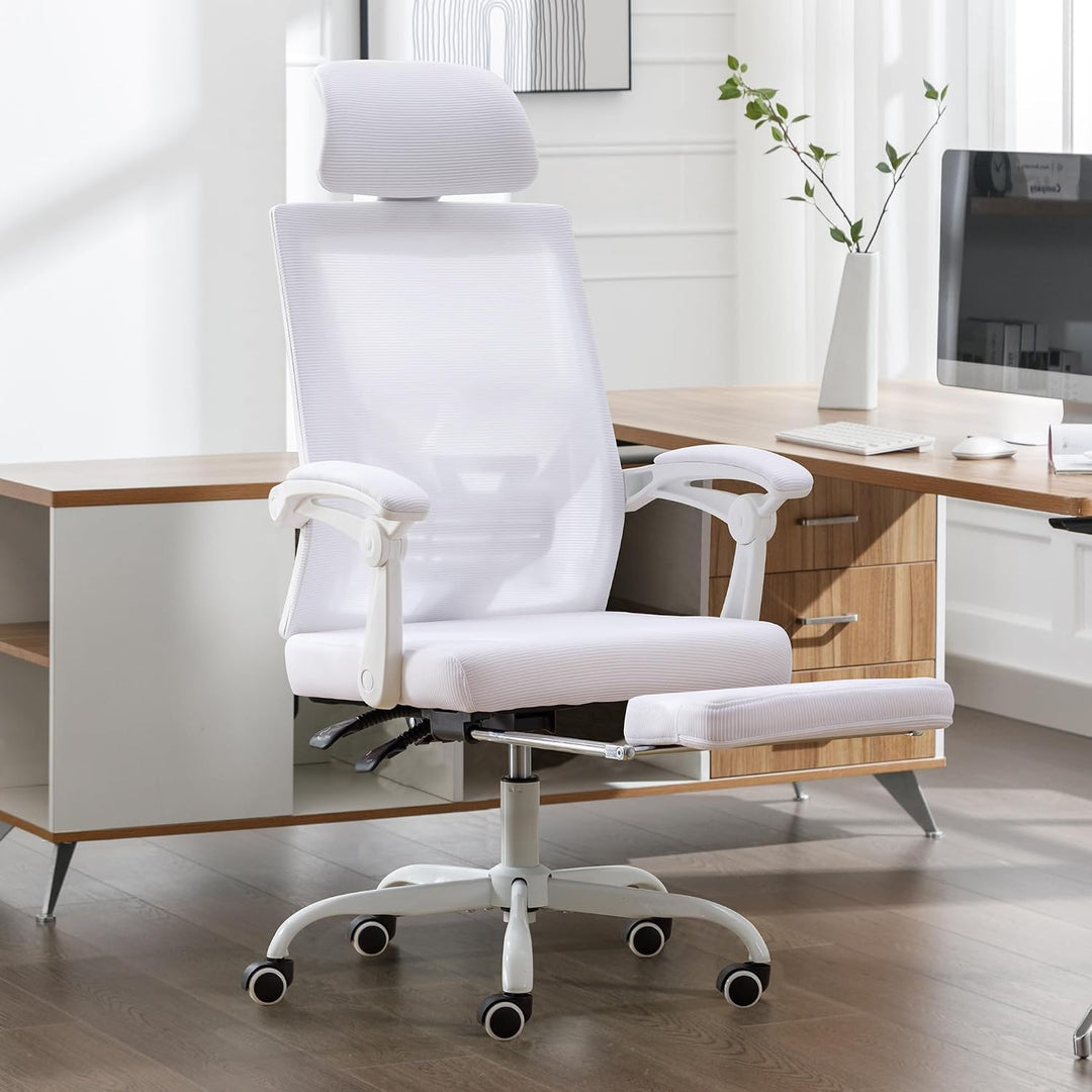 UEV Ergonomisch Bürostuhl aus Mesh, Schreibtischstuhl mit Fussstütze, Weiss | Drehstuhl mit verstell