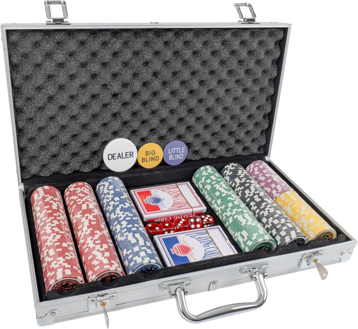 H&amp;F Heimtextilien Pokerkoffer 300 Chips – Premium Poker Set mit 6 Wertstufen, 2 Kartendecks, Würfeln
