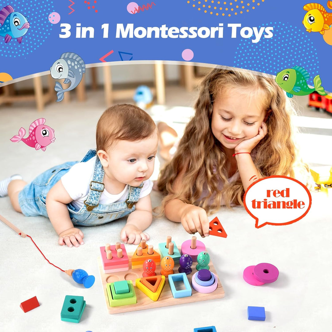 Hoiloie Montessori Spielzeug ab 1 Jahr,holzspielzeug&amp;Stapelspielzeug,3 in 1 Farbe Erkennung Form Sor