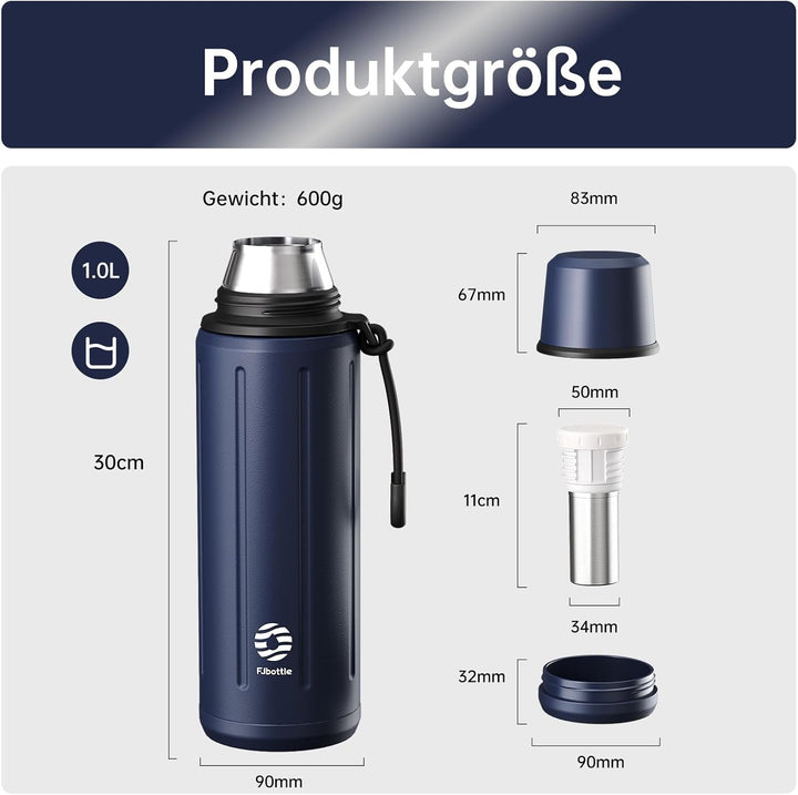 Thermoskanne mit Becher 1l (72 Stunden Kalt & 24 Stunden Heiss) Thermosflasche Kaffee Tee Thermobech