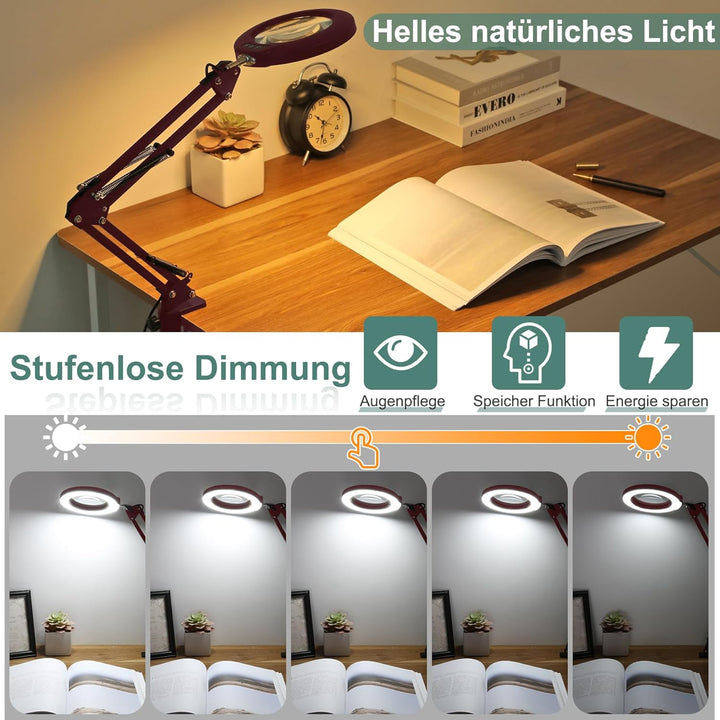 Veemagni 10X Echtes Glas Lupe mit Licht, 5 Farbmodi Stufenlos Dimmbar, Verstellbarer Schwenkarm LED