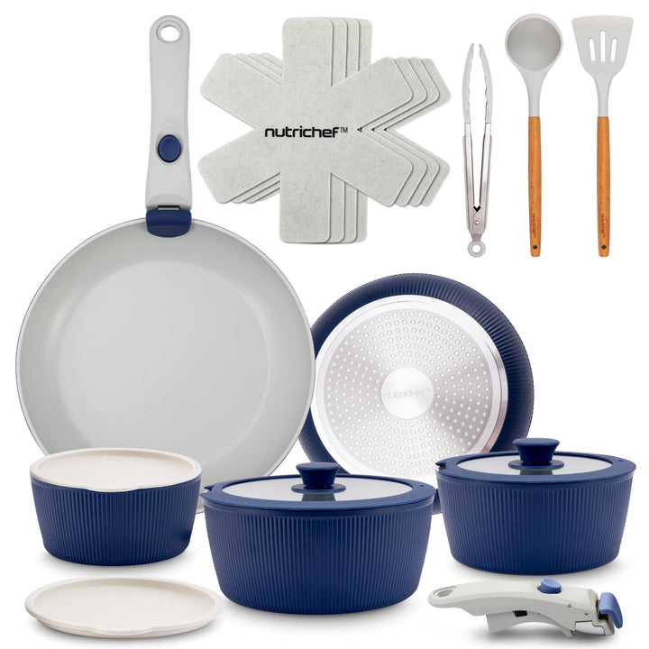 NutriChef Topfset 18 Teilig Keramik Blau mit Abnehmbaren Griffen Induktion Topf und Pfannenset Antih