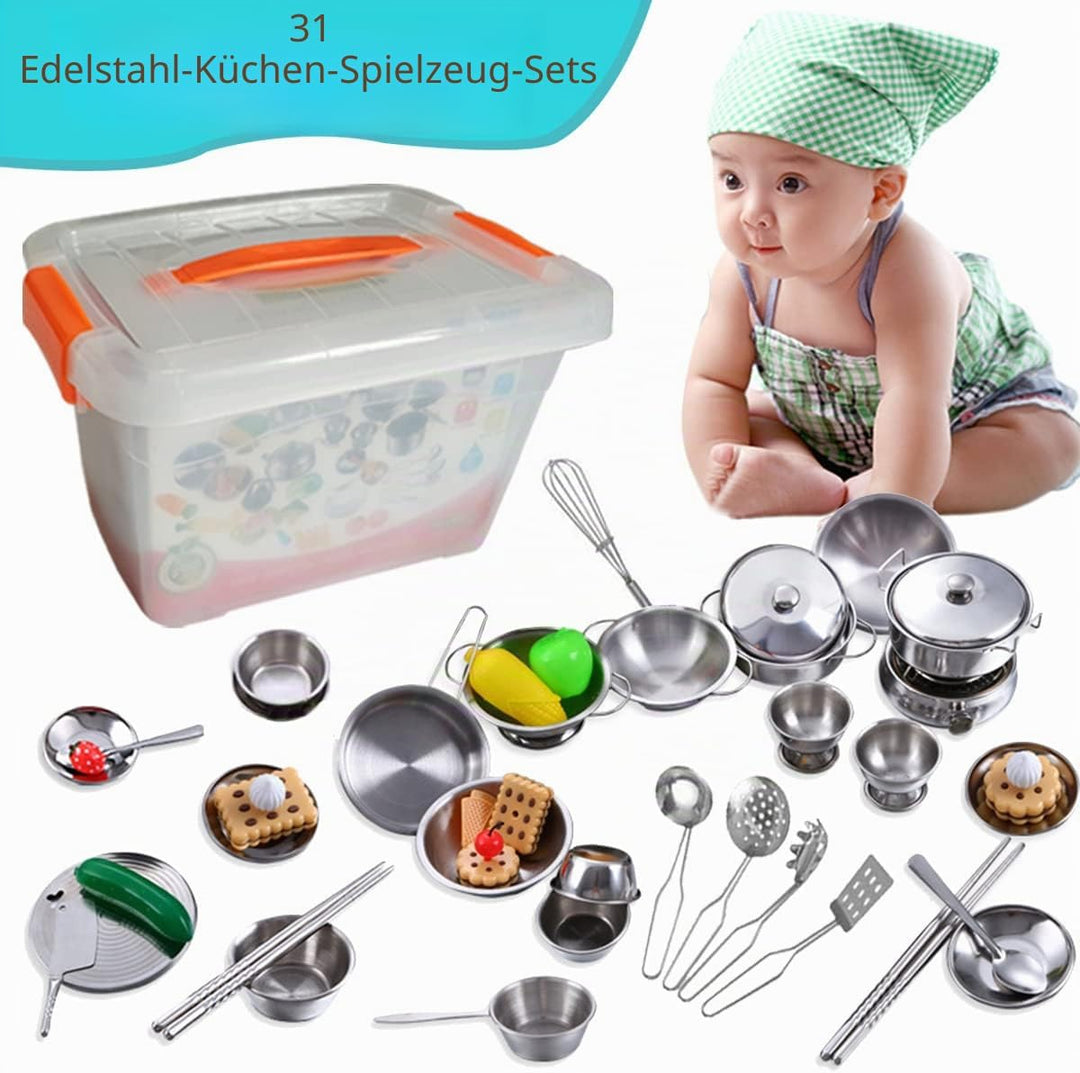 Kinder Spielen Küche Zubehör mit Töpfen und Pfannen Playset, Mini-Edelstahl-Küche vorgeben Spielen S