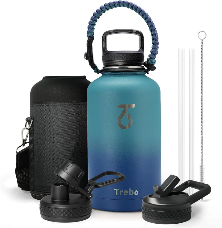Trebo Isolierte Wasserflasche, 1,8 l, Metall-Vakuum-Wasserkrug mit Griff und 3 Deckeln, auslaufsiche