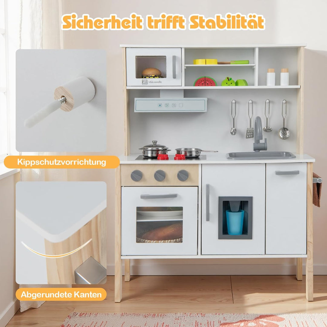 GOPLUS Kinderküche Holz, Kinderspielküche mit Mikrowelle, Spüle, Wasserhahn, Gasherde, Abzugshaube,