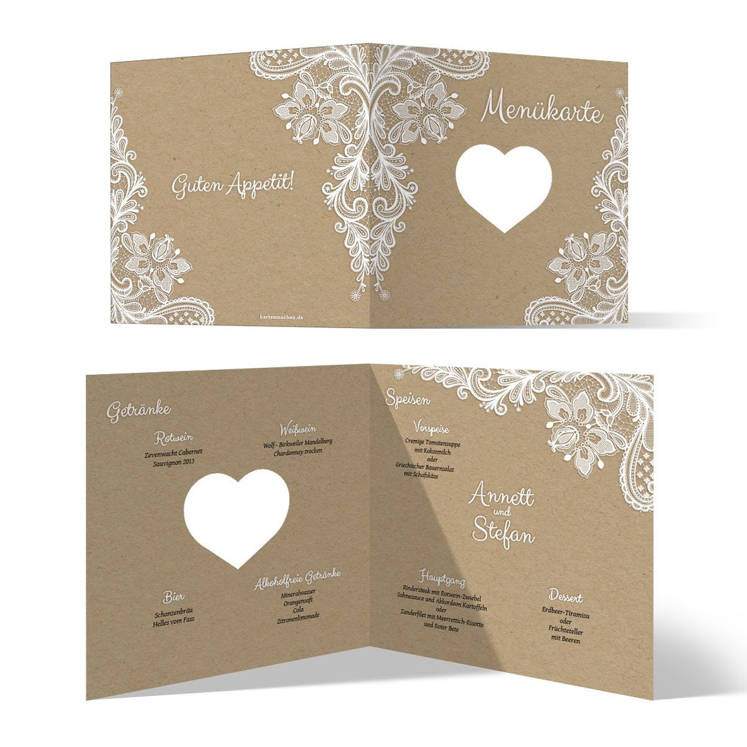Lasergeschnittene Hochzeit Menükarten (10 Stück) Speisekarte Getränkekarte - Rustikal Kraftpapier, 1