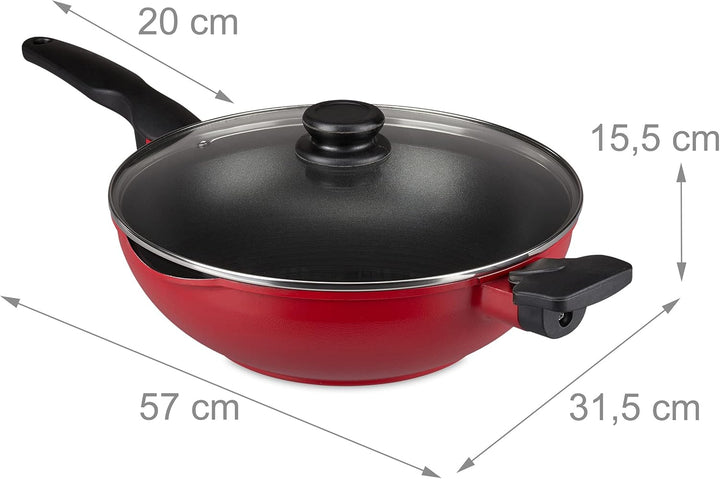 Relaxdays Wokpfanne mit Glasdeckel, 30 cm, Wok mit Antihaftbeschichtung, Gas- & Elektroherd, Griff,