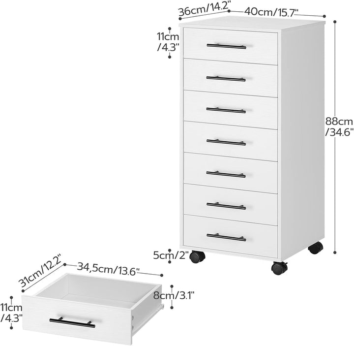 HOOBRO Rollcontainer mit 7 Schubladen, Aktenschrank, Holz Büroschrank, Büromöbel mit Schubladen, Auf