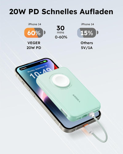 VEGER Mini Power Bank 20W PD, 10000mAh Powerbank mit Apple auf USB C Kabel, mit Apple Watch Laden, 2