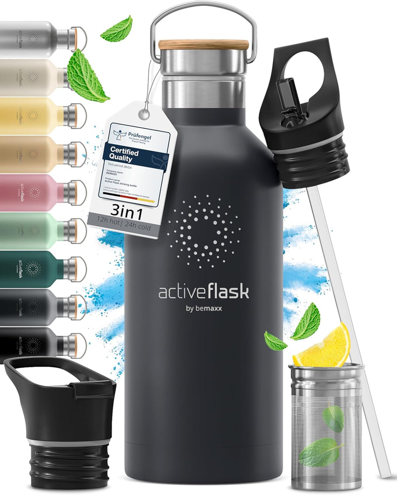 Trinkflasche Edelstahl mit Strohhalm, Infuser + 3 Deckel: BPA-frei, Auslaufsicher, Kohlensäure geeig