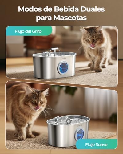 Katzenbrunnen Edelstahl und Ersatzfilter, 2.2L Trinkbrunnen für Katze mit 2 Trinkstellen und LED-Anz