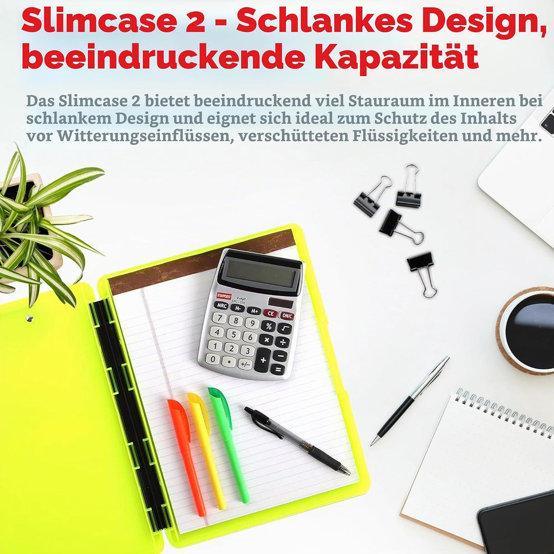 Dexas Slimcase 2, Kunststoff-Klemmbrett mit Aufbewahrung und seitlicher Öffnung, Neongelb, Bürobedar