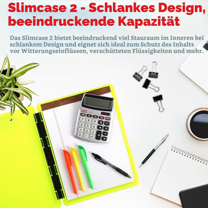 Dexas Slimcase 2, Kunststoff-Klemmbrett mit Aufbewahrung und seitlicher Öffnung, Neongelb, Bürobedar