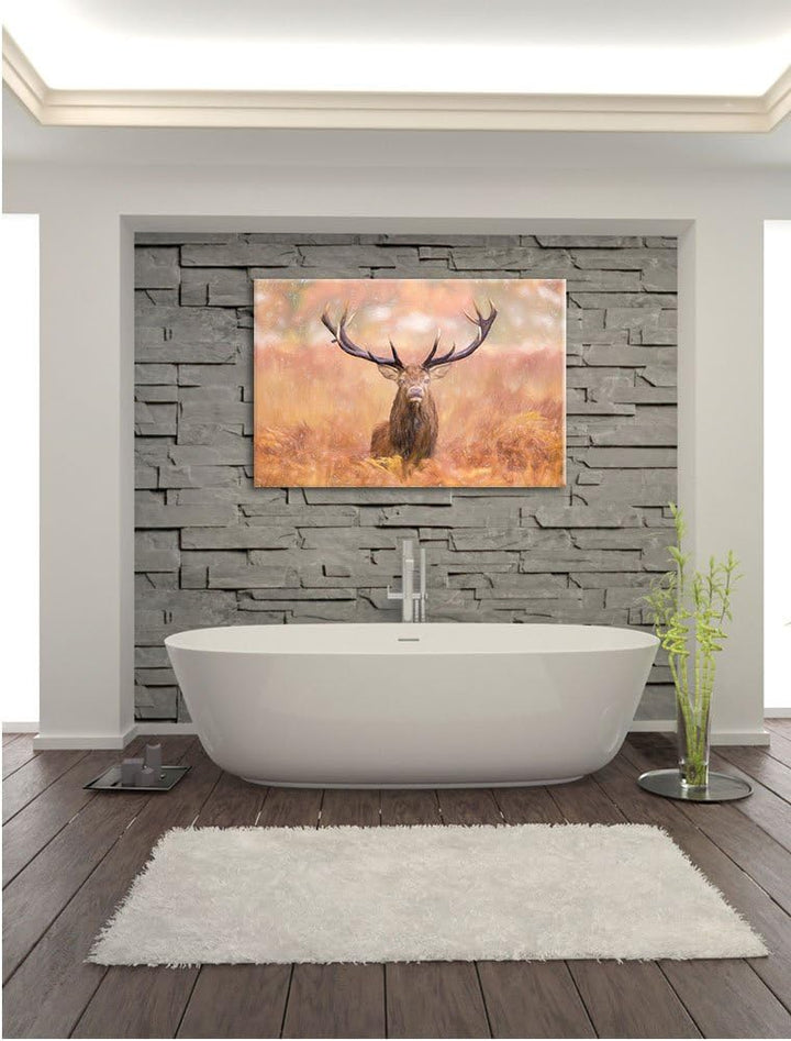 Pixxprint Hirsch im Feld als Leinwandbild/Grösse: 100x70 cm/Wandbild/Kunstdruck/fertig bespannt, 100