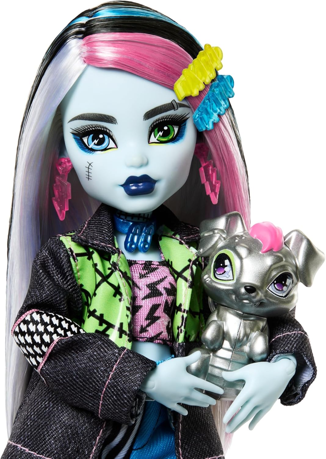 Monster High Frankie Stein-Puppe in Jeansjacke und Shorts, zum Lieferumfang gehören auch ihr Hund Wa