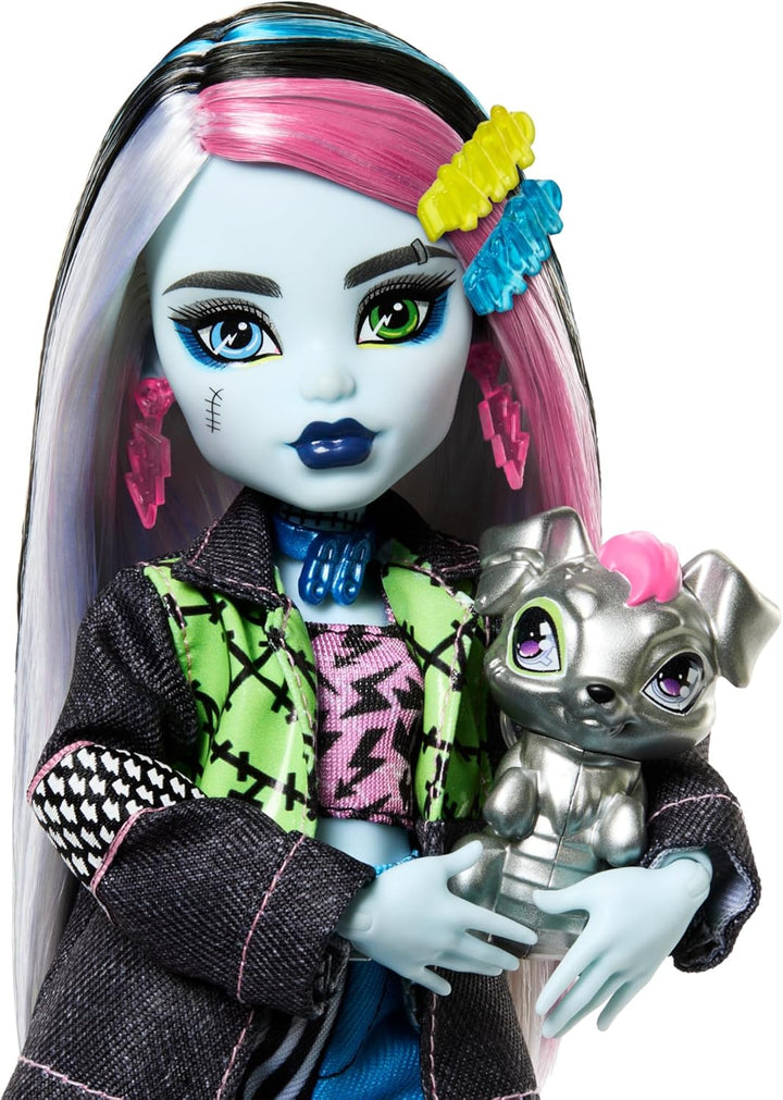 Monster High Frankie Stein-Puppe in Jeansjacke und Shorts, zum Lieferumfang gehören auch ihr Hund Wa