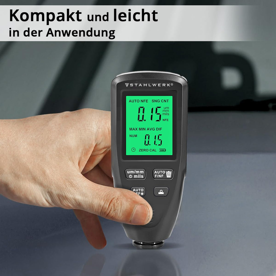 STAHLWERK Schichtdickenmessgerät – Kompakter Lackdickenprüfer 0-2000 µm für KFZ und Materialprüfung,