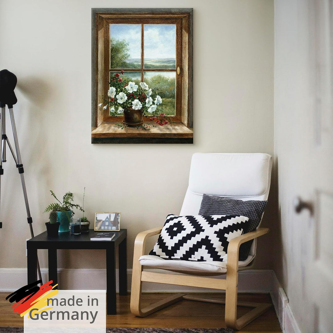 Artland Leinwandbild Wandbild Bild auf Leinwand 60x80 cm Wanddeko Fensterblick Blumen Fenster Landsc