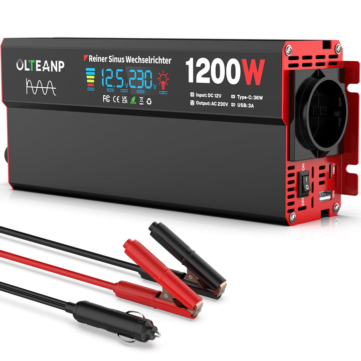 OLTEANP Wechselrichter 12V auf 230V Reiner Sinus,Spannungswandler 1200W Inverter mit LCD-Bildschirma