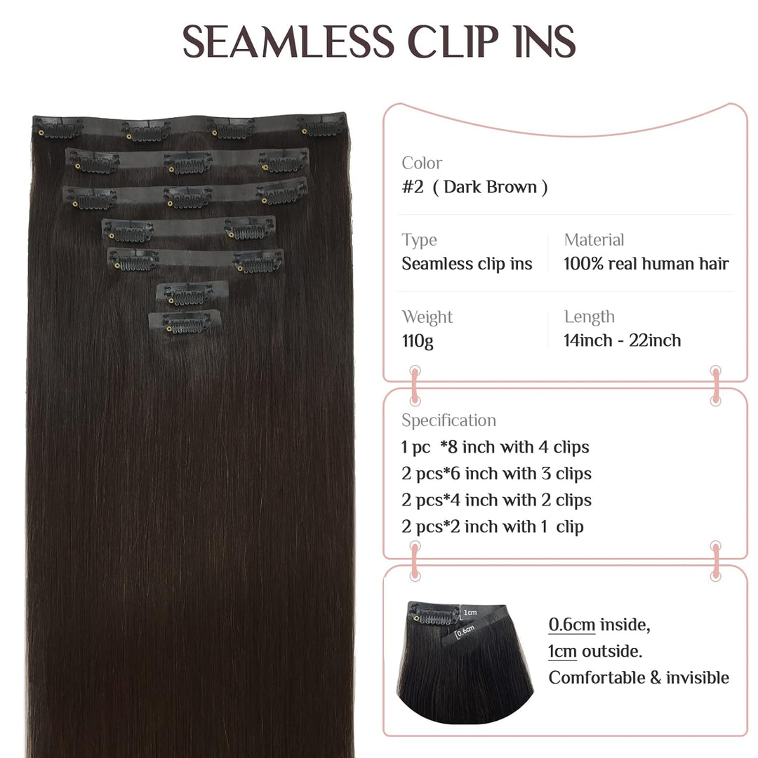 MAXITA PU Clip in Extensions Echthaar, 40cm 16 Zoll 110g 7 Stück Dunkelbraun Seamless Clip in Extens