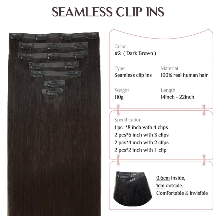 MAXITA PU Clip in Extensions Echthaar, 40cm 16 Zoll 110g 7 Stück Dunkelbraun Seamless Clip in Extens