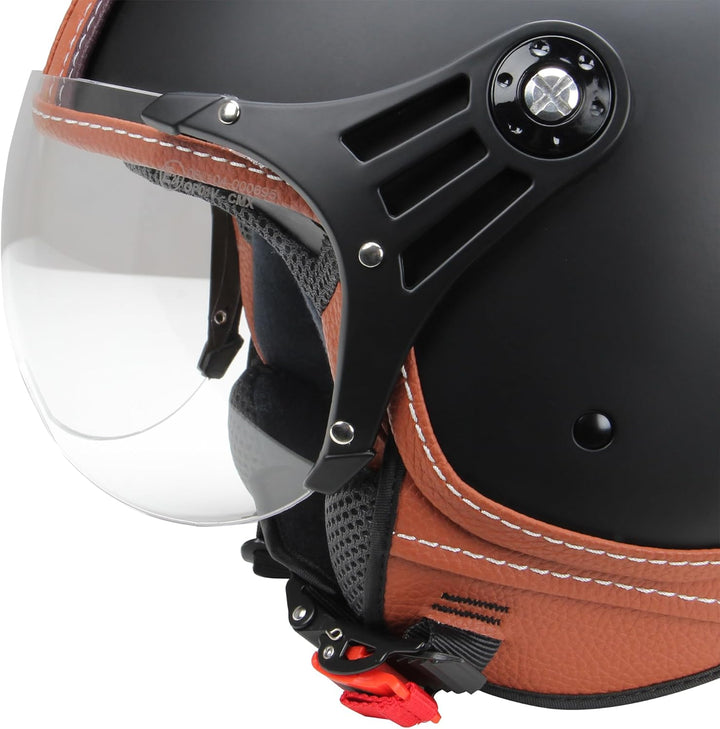 Motorradhelm Jethelm Rollerhelm CMX Hazel Grösse L matt schwarz mit braunem Leder und klarem Visier