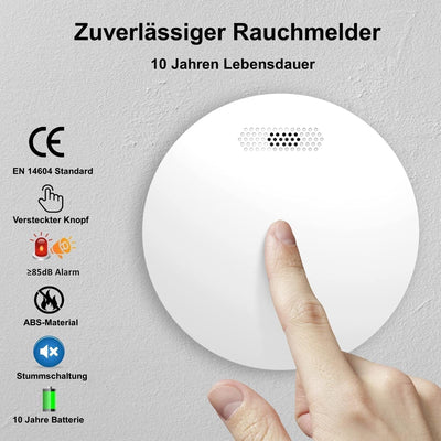 Rauchmelder mit 10 Jahre Batterie EN14604 Kleine Fotoelektronischer Feuermelder mit Stumm-Funktion,
