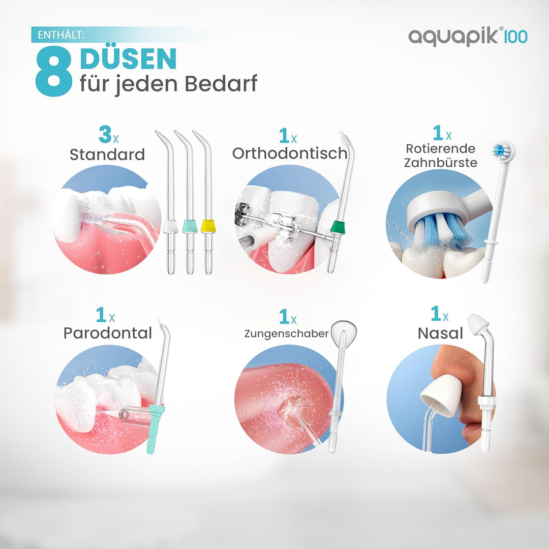 Aquapik® 100 professionelle Munddusche | Plaqueentferner + von Zahnärzten empfohlen | 8 Düsen, 10 Dr