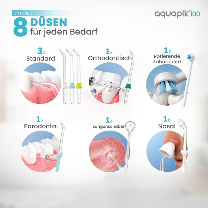 Aquapik® 100 professionelle Munddusche | Plaqueentferner + von Zahnärzten empfohlen | 8 Düsen, 10 Dr