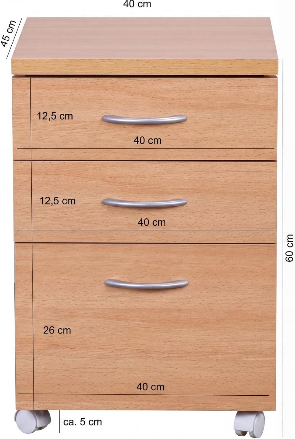 FineBuy Rollcontainer Ottawa 40 x 60 x 45 cm Unterschrank mit Rollen Buche, Rollwagen mit Schubladen