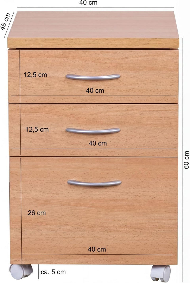 FineBuy Rollcontainer Ottawa 40 x 60 x 45 cm Unterschrank mit Rollen Buche, Rollwagen mit Schubladen