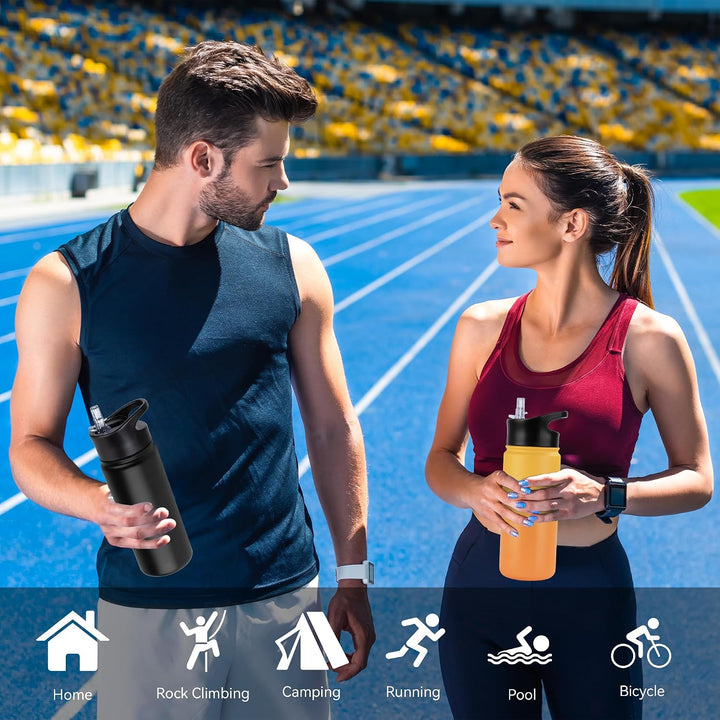 Edelstahl Trinkflasche - 500ml - mit Strohhalm,Auslaufsicher,Kohlensäure Geeignet,BPA frei Thermosfl