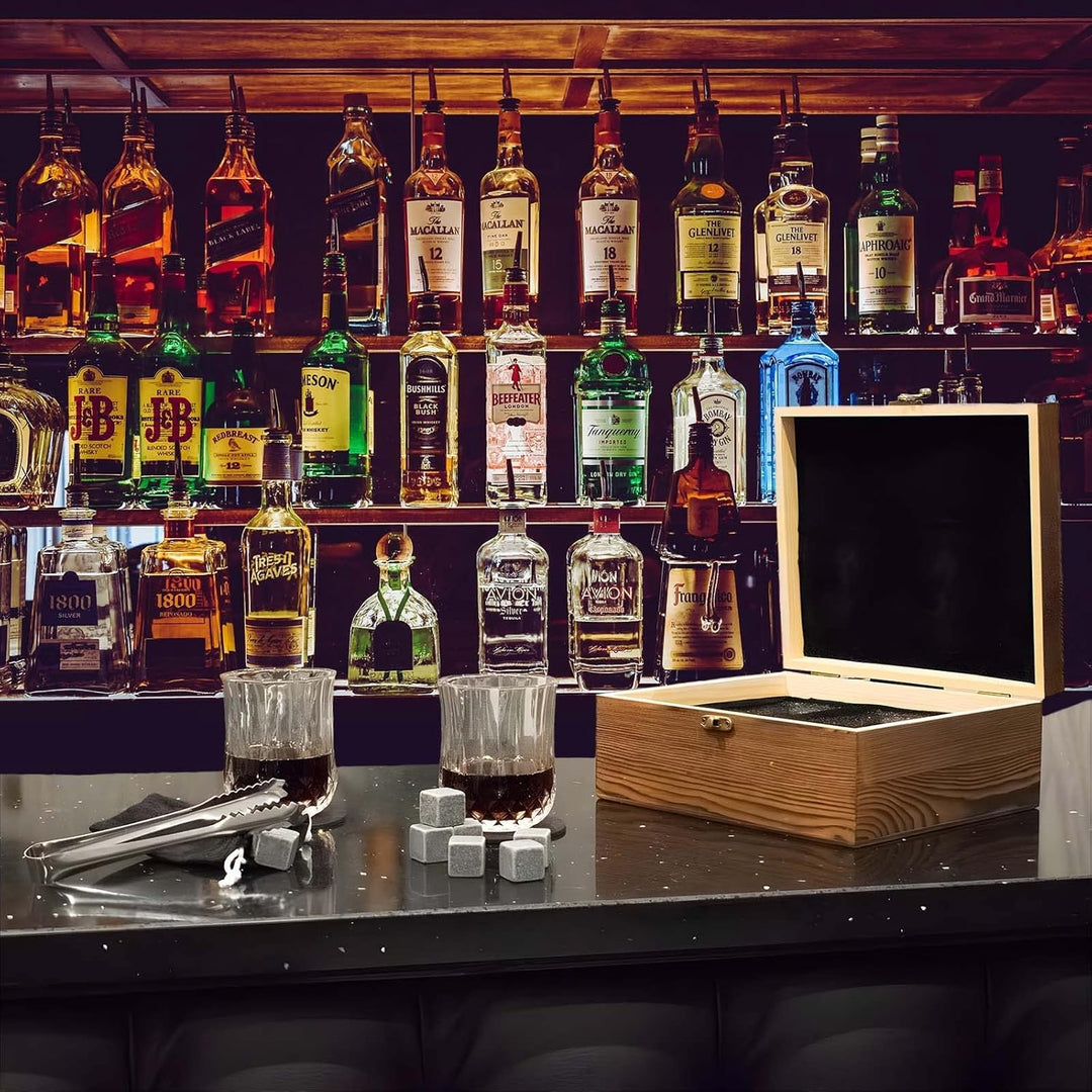 TRIXES Grosse Whiskey-Gläser-Geschenkbox – Whiskey-Gläser, Steine, Untersetzer und Zangen-Set – Gesc