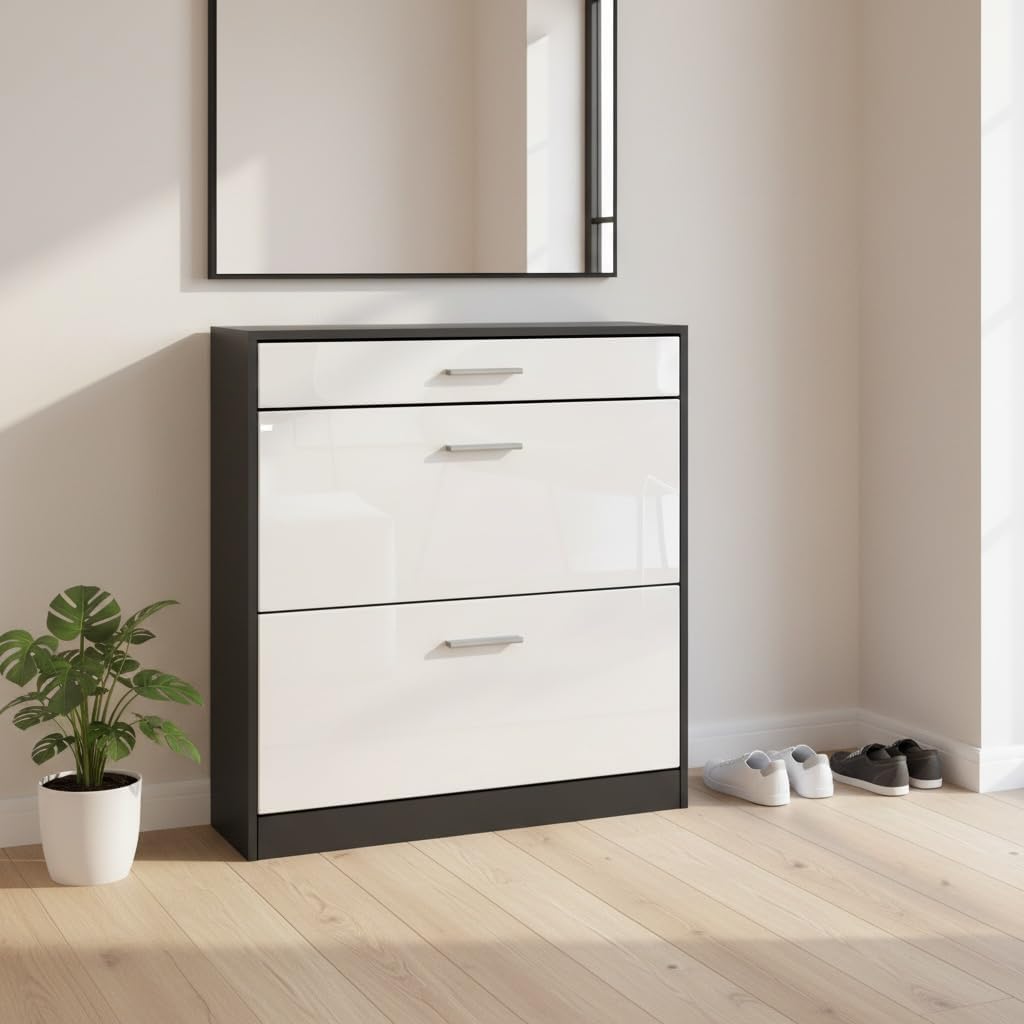 Schuhschrank Roma Schmal mit 2 Klappen und 1 Schublade, Platzsparender Schuhkipper Flurschrank für D