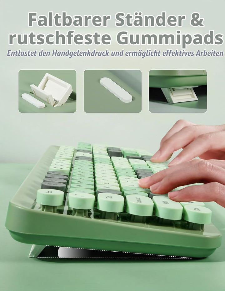LAMA Tastatur Maus Set Kabellos, Retro runde Schreibmaschine Tastatur mit 104 Tasten &amp; Ziffernblock,