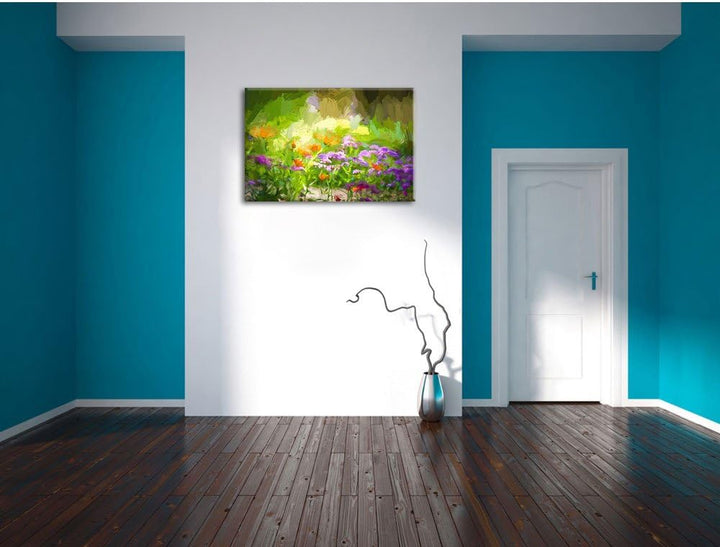 Blumenwiese Pinsel Effekt, Format: 100x70 auf Leinwand, XXL riesige Bilder fertig gerahmt mit Keilra