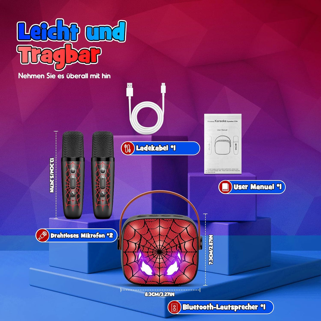 Braxel Karaoke Anlage Set mit 2 Bluetooth Mikrofonen Kinder, Spider Kinder Weihnachten Geschenk Jung