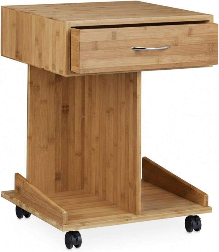 Relaxdays Beistelltisch mit Rollen ROLLI Bambus, Schublade, 2 Ablagen für Bücher, HxBxT: ca. 56,5 x