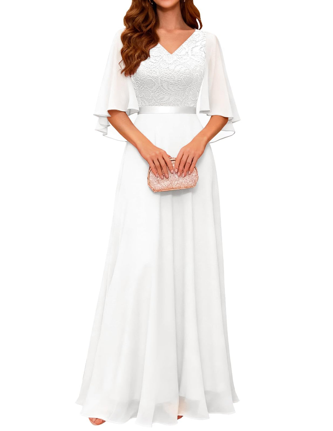 DRESSTELLS Abendkleid Damen Festlich Spitzenkleid für Hochzeit Chiffon Cape Ärmel Ballkleid Elegant